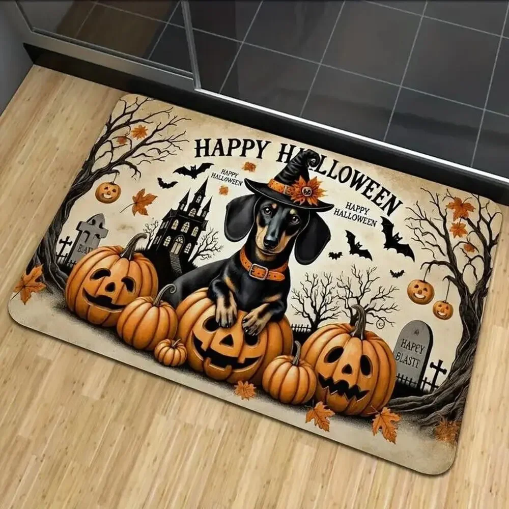 Cemetery Gravestones •Dachshund Halloween Witch Rug Mat • Bats • Jack-O-Lanterns